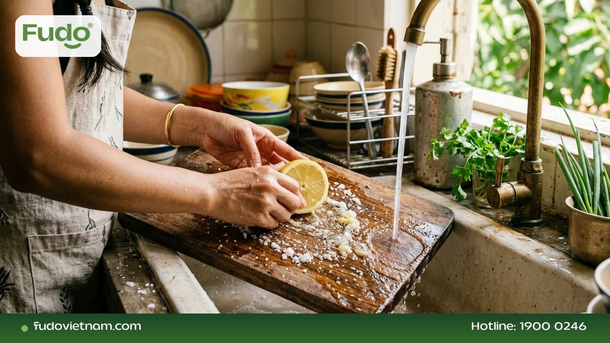 Tay chà thớt gỗ bằng muối chanh