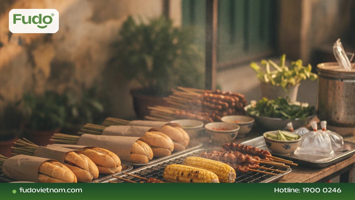 Đồ ăn đường phố Việt Nam trên quầy hàng