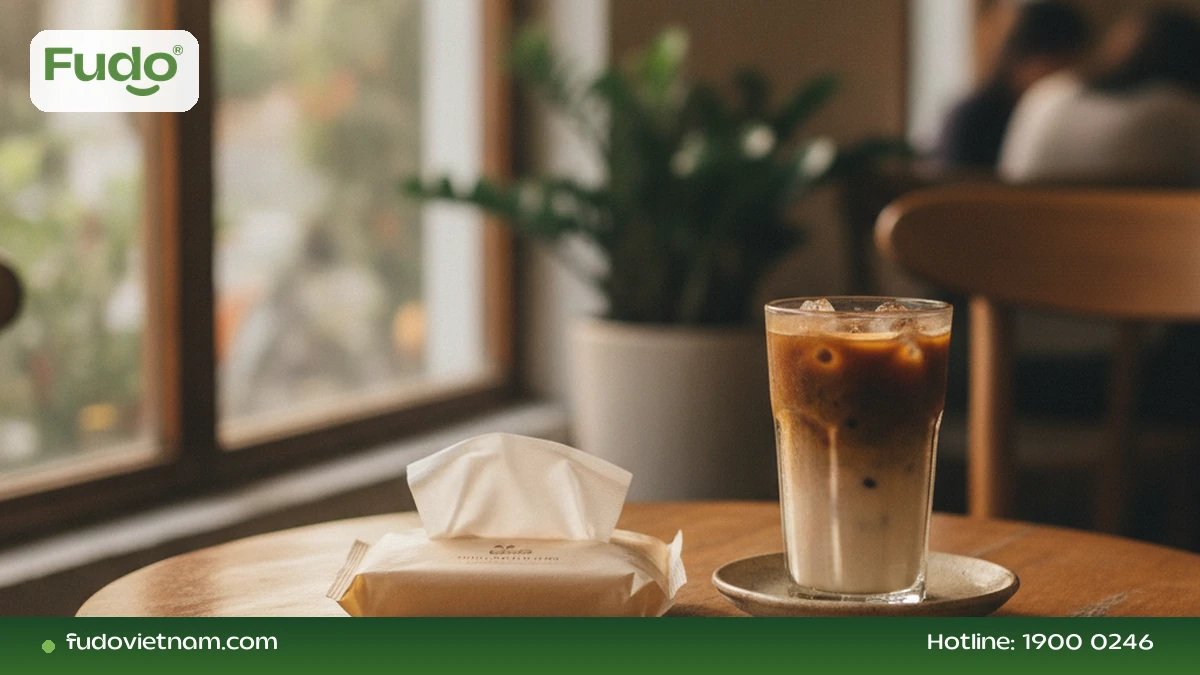 Gói khăn giấy nhỏ cạnh ly cà phê