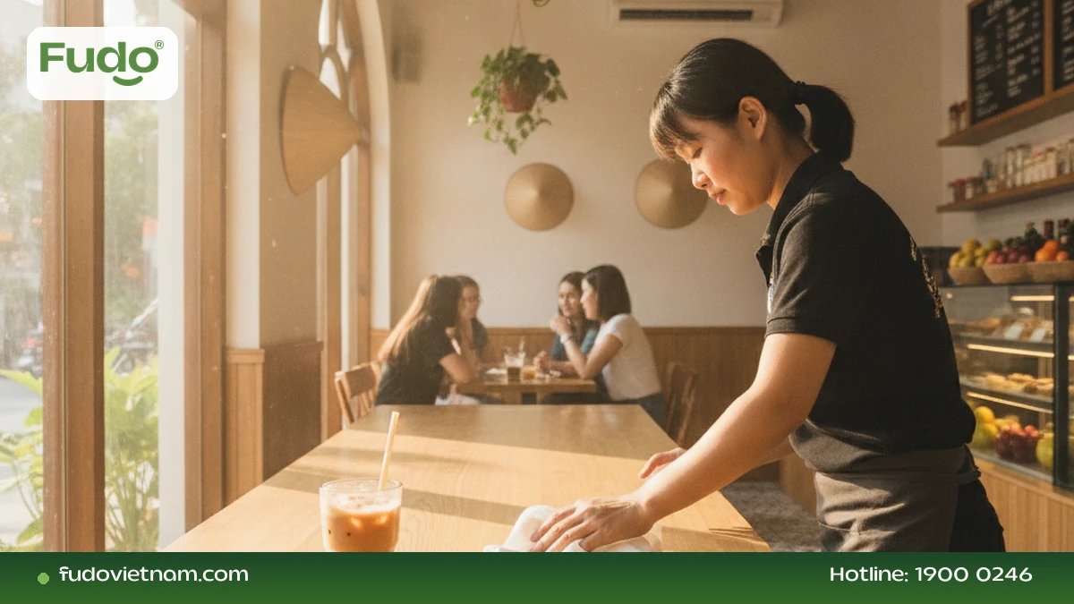 Nhân viên lau bàn bằng khăn giấy