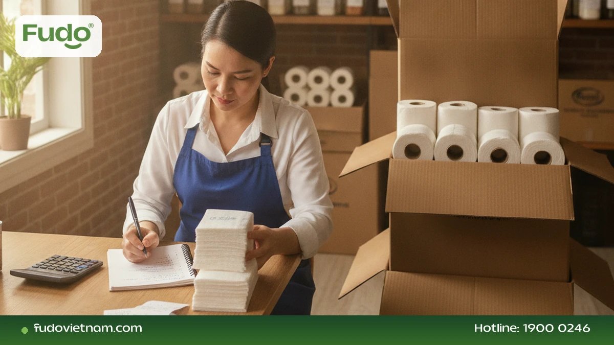 Quản lý nhà hàng tính toán lượng khăn cần mua