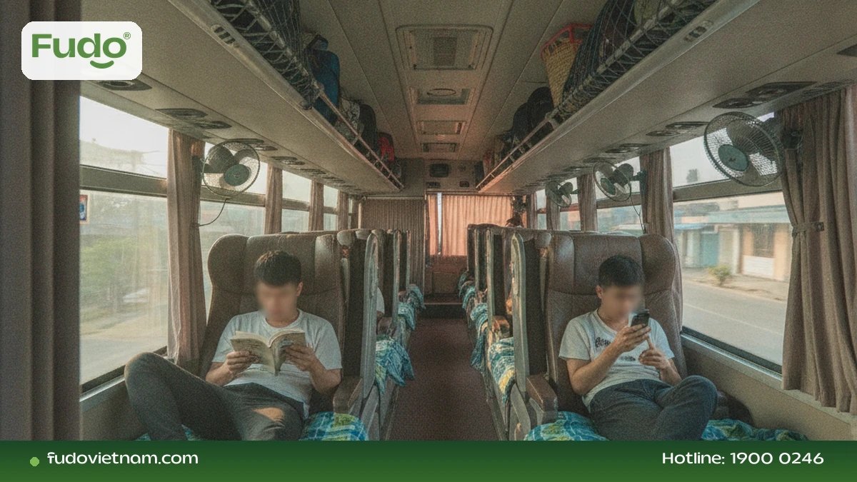 Hành khách ngồi trên xe buýt đường dài
